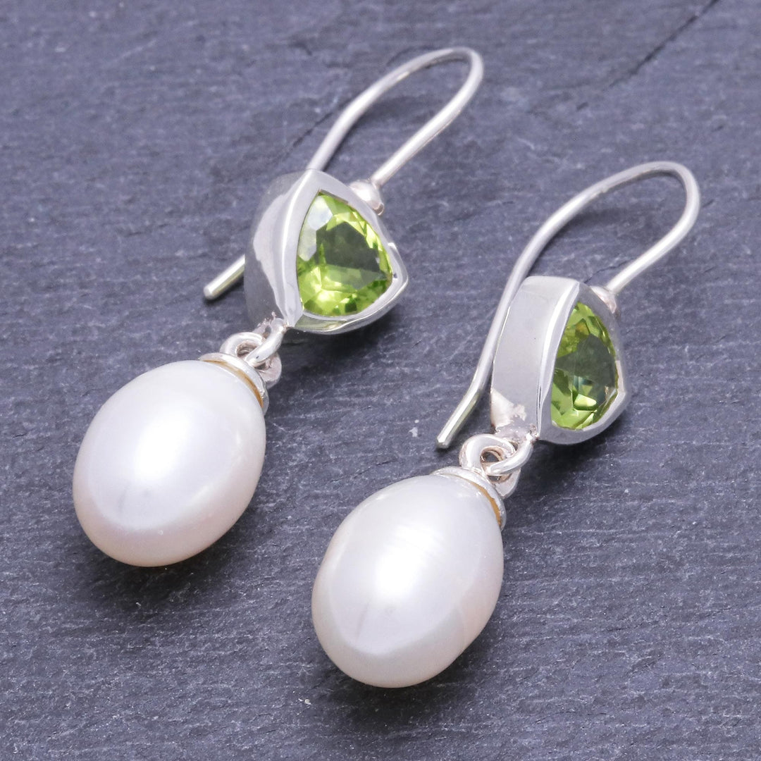 Cultured Pearl and Peridot Dangle Earrings - Spring Green Sea