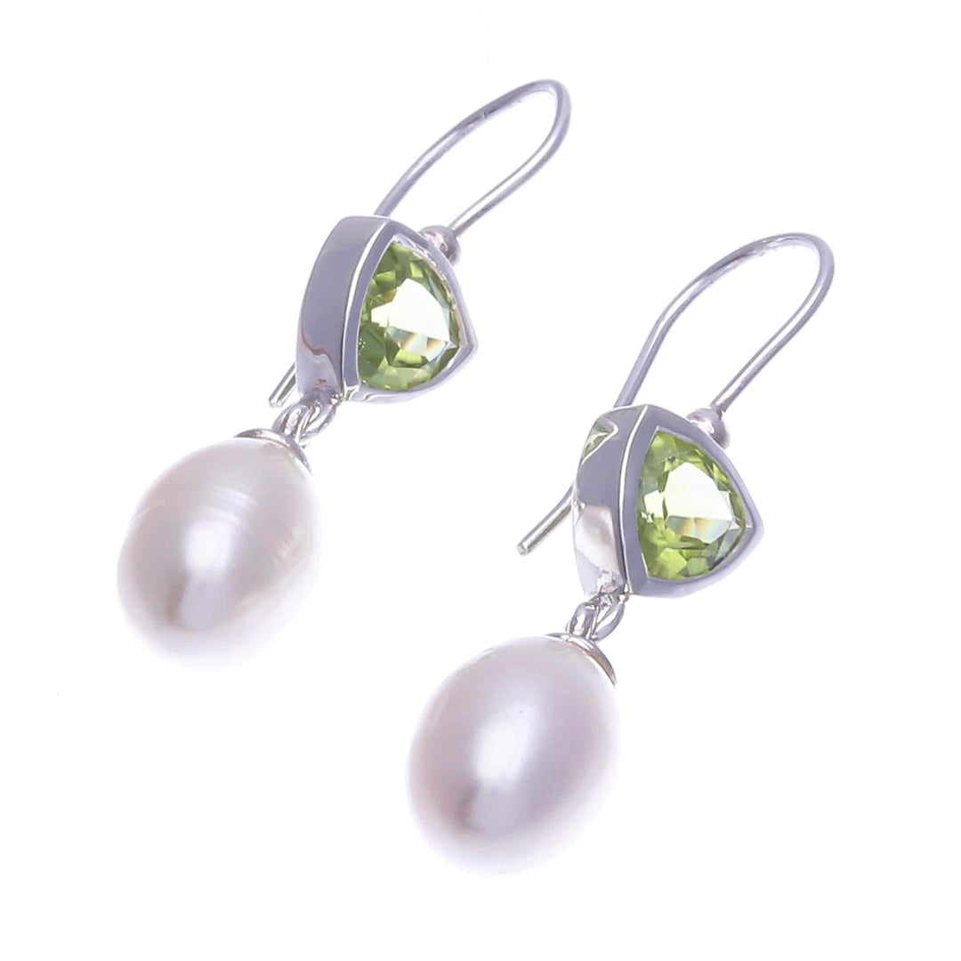 Cultured Pearl and Peridot Dangle Earrings - Spring Green Sea