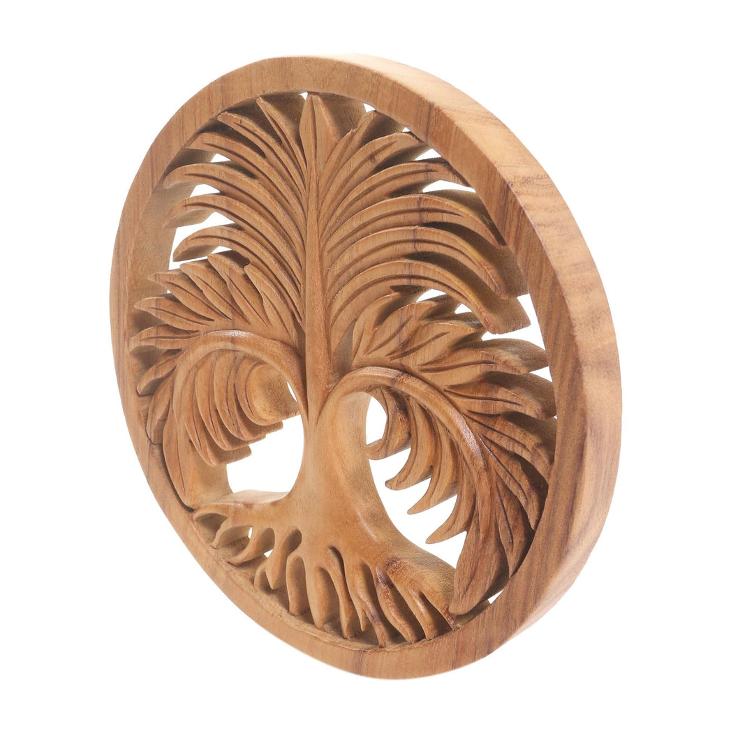 Handmade Suar Wood Palm Tree Relief Panel - Palm Garden