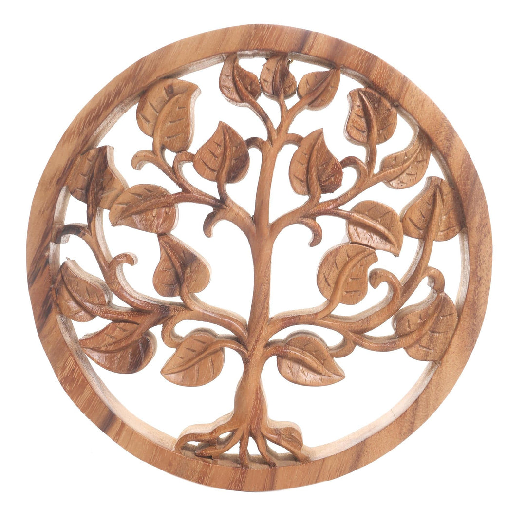 Handcrafted Suar Wood Tree-Motif Relief Panel - Upward