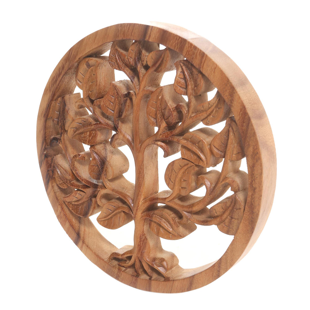 Handcrafted Suar Wood Tree-Motif Relief Panel - Upward