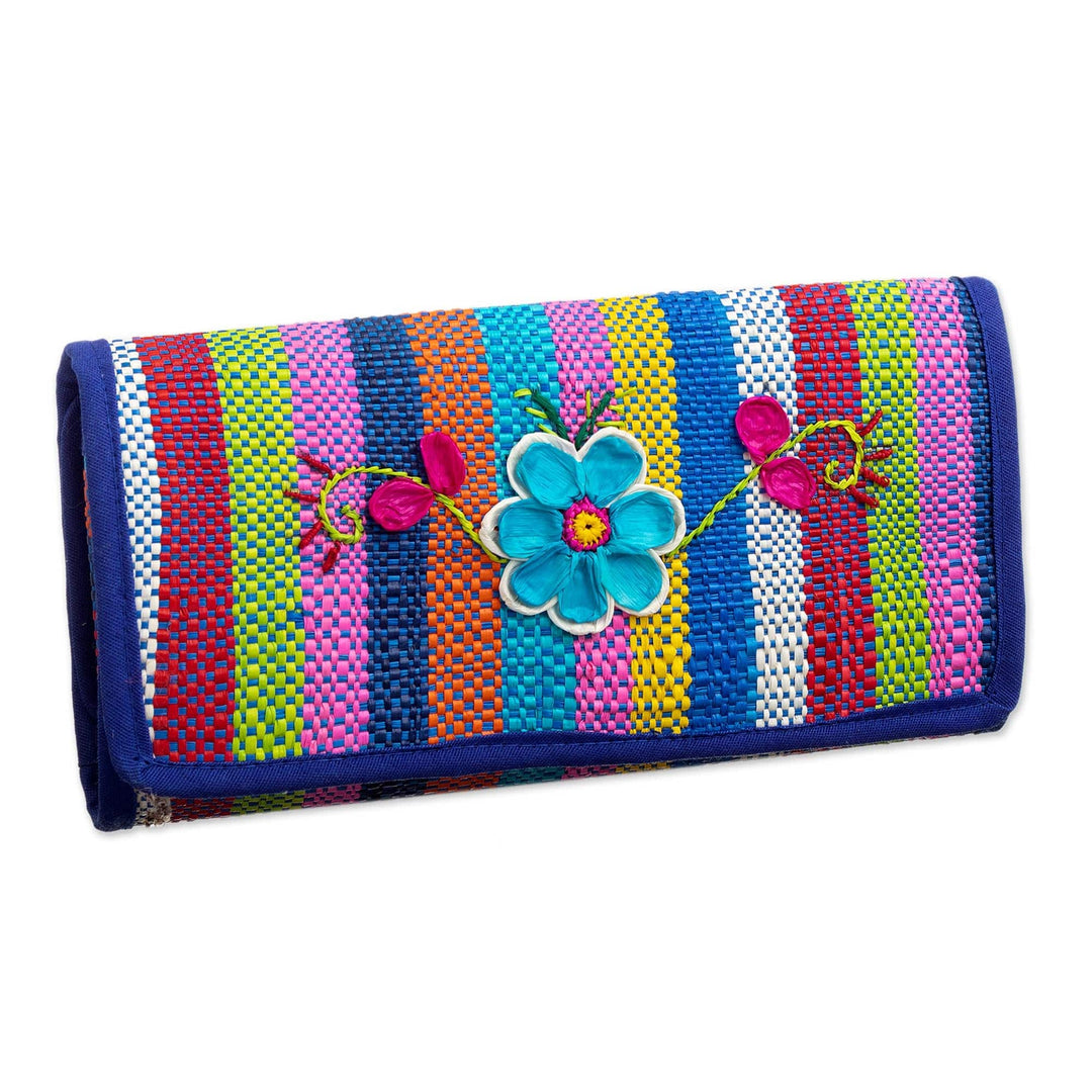 Artisan Crafted Woven Palm Fiber Wallet - Northern Flowers in Blue