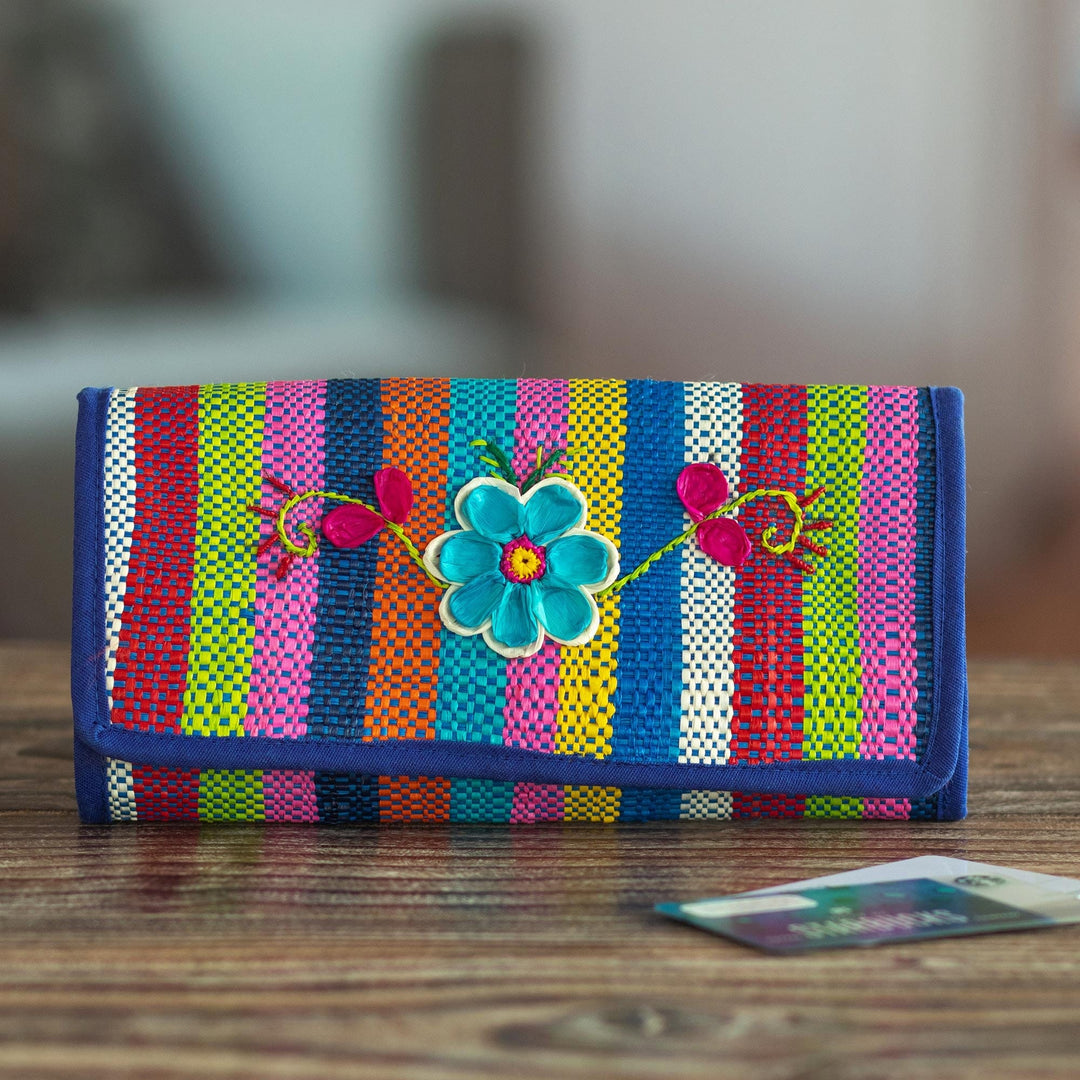 Artisan Crafted Woven Palm Fiber Wallet - Northern Flowers in Blue