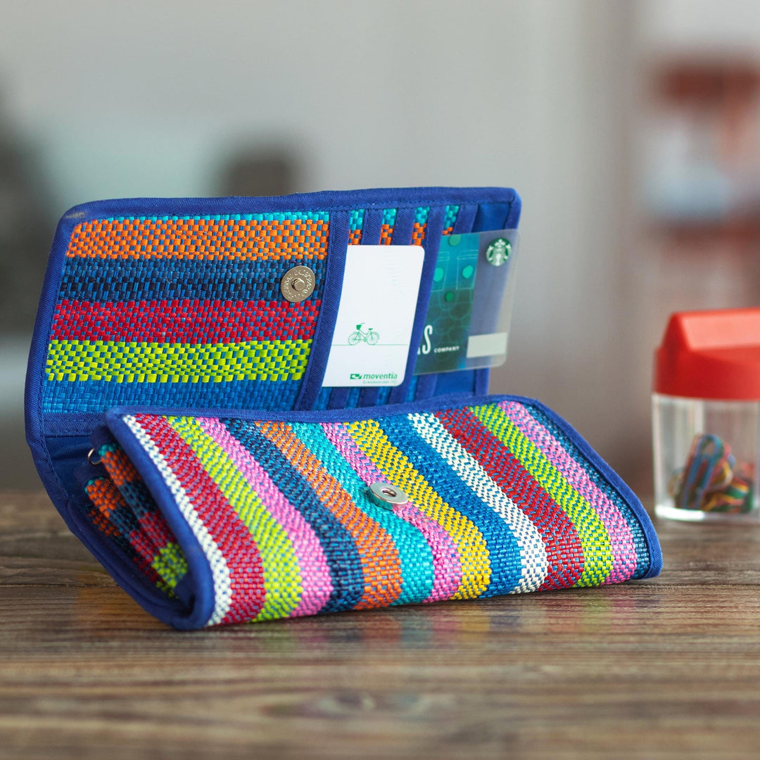 Artisan Crafted Woven Palm Fiber Wallet - Northern Flowers in Blue