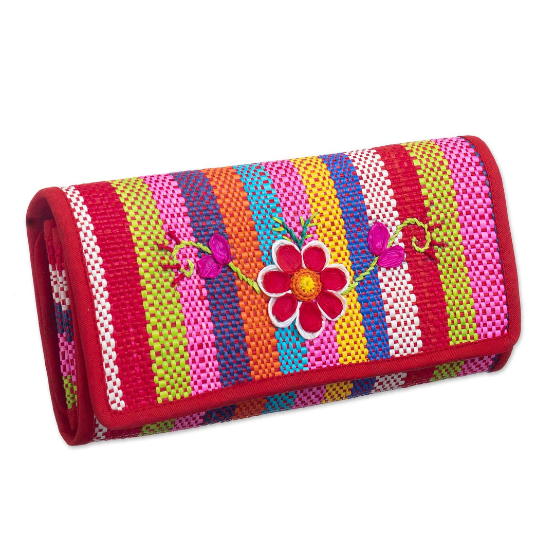 Handmade Natural Fiber Wallet - Northern Flowers in Red