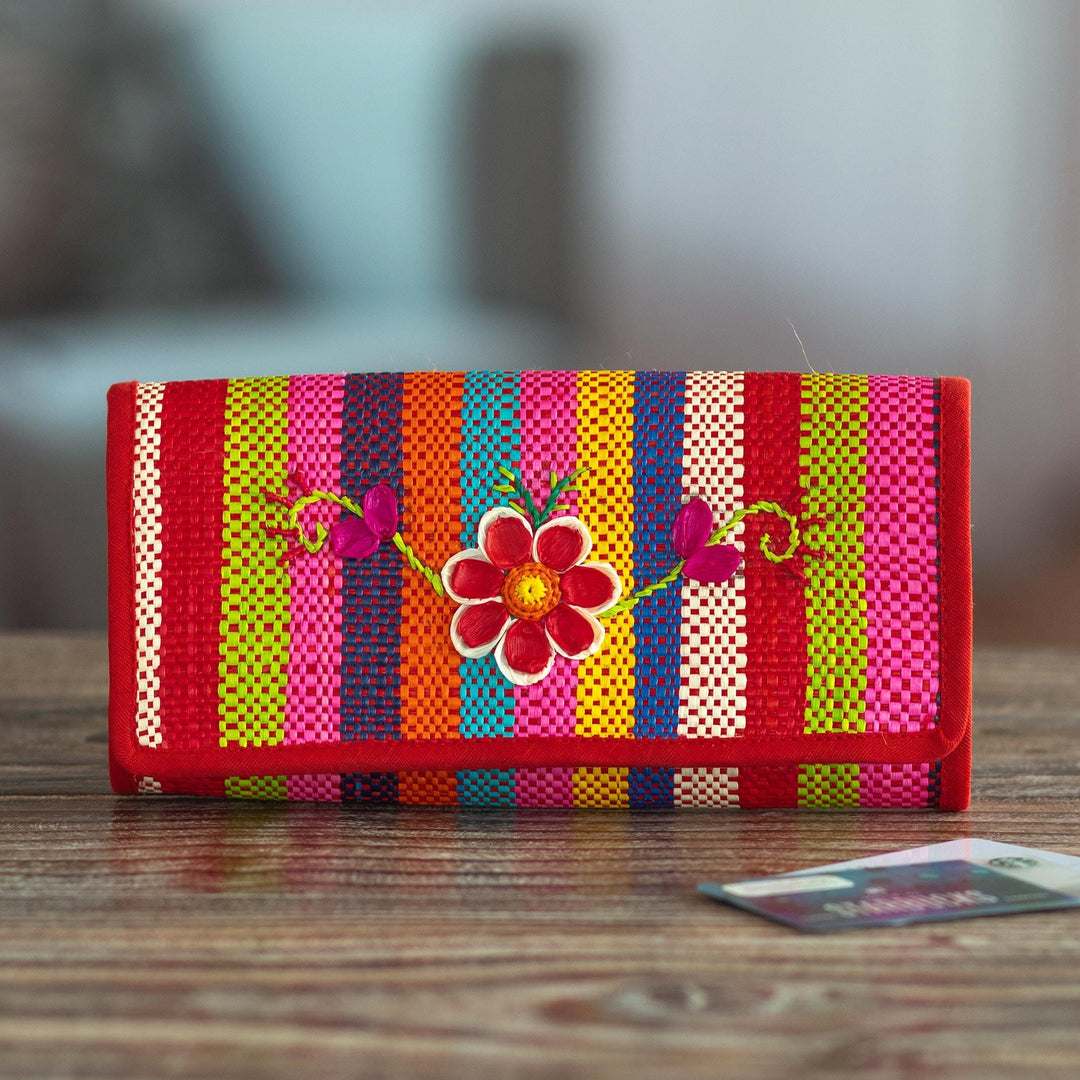 Handmade Natural Fiber Wallet - Northern Flowers in Red