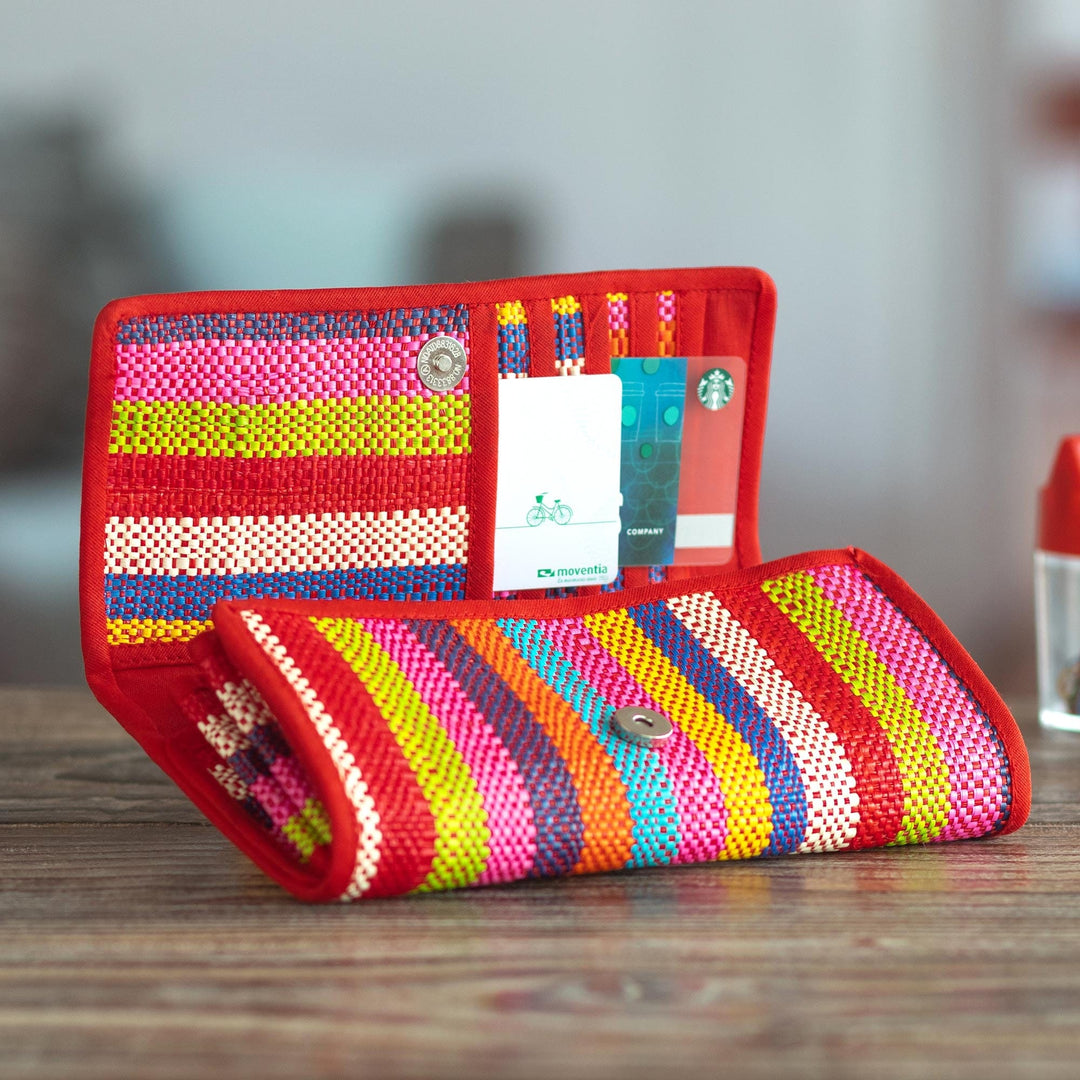 Handmade Natural Fiber Wallet - Northern Flowers in Red