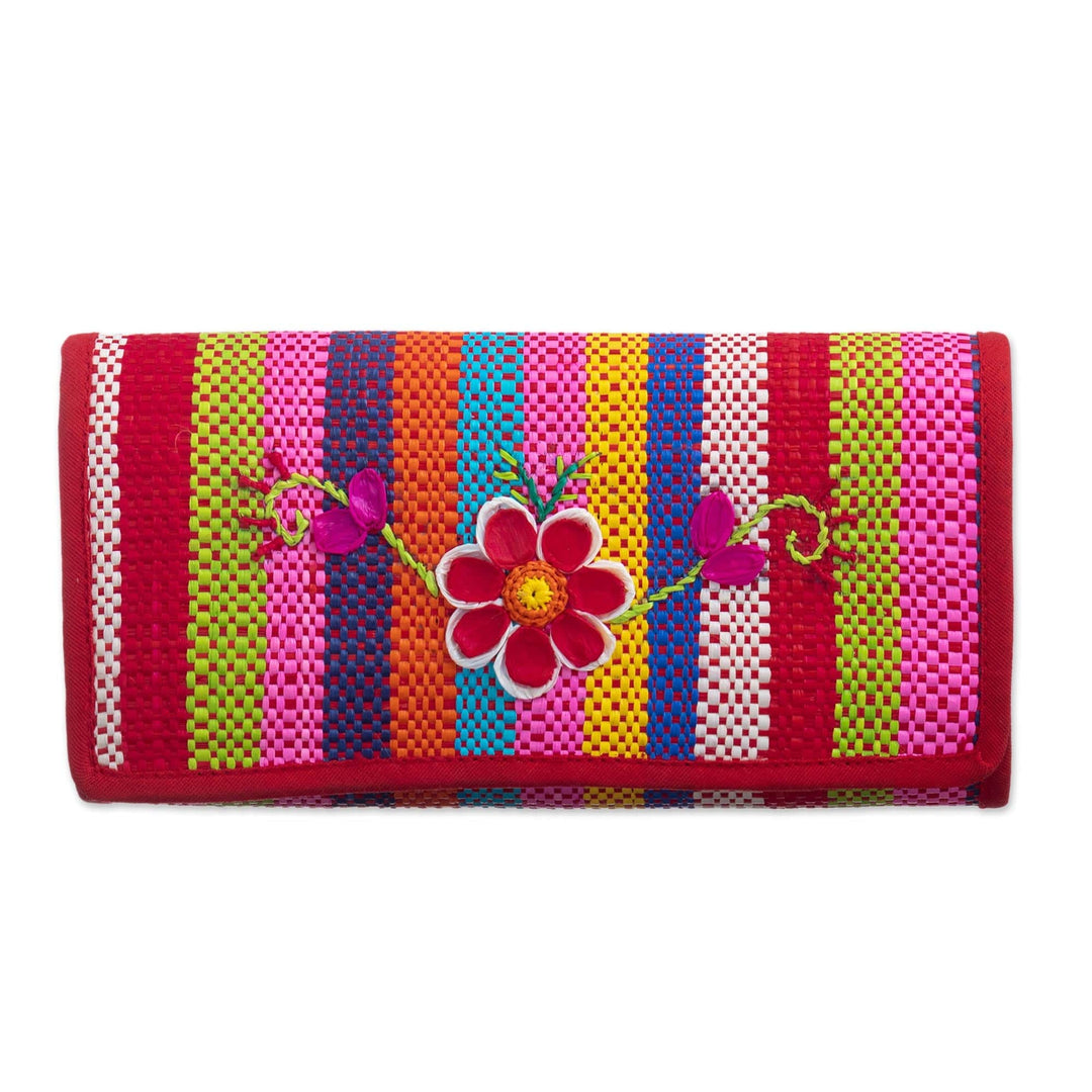 Handmade Natural Fiber Wallet - Northern Flowers in Red