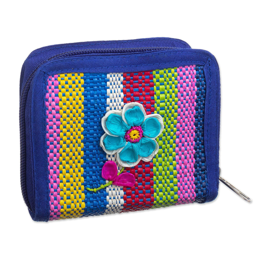 Multicolored Palm Fiber Coin Purse - Northern Flowers in Blue