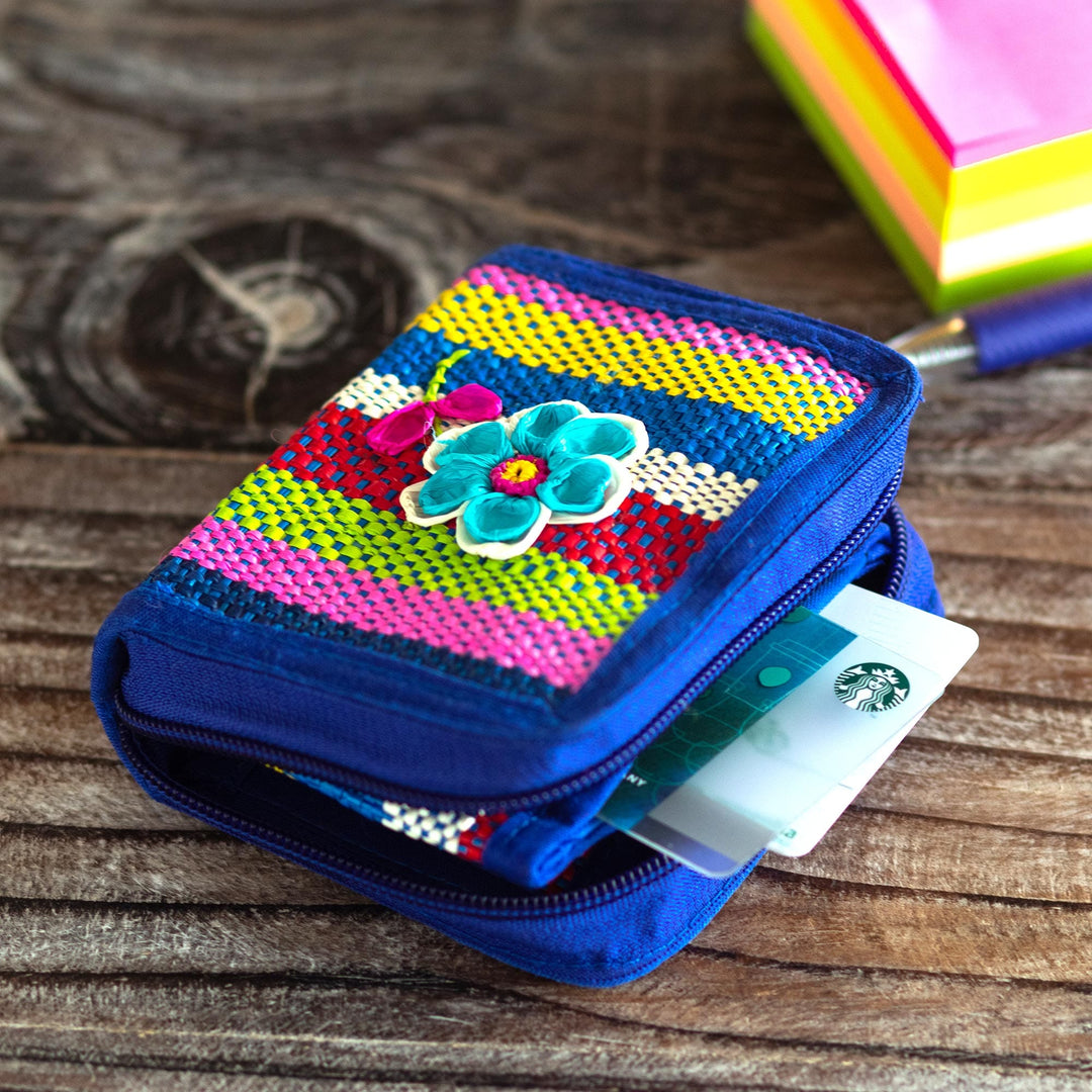 Multicolored Palm Fiber Coin Purse - Northern Flowers in Blue