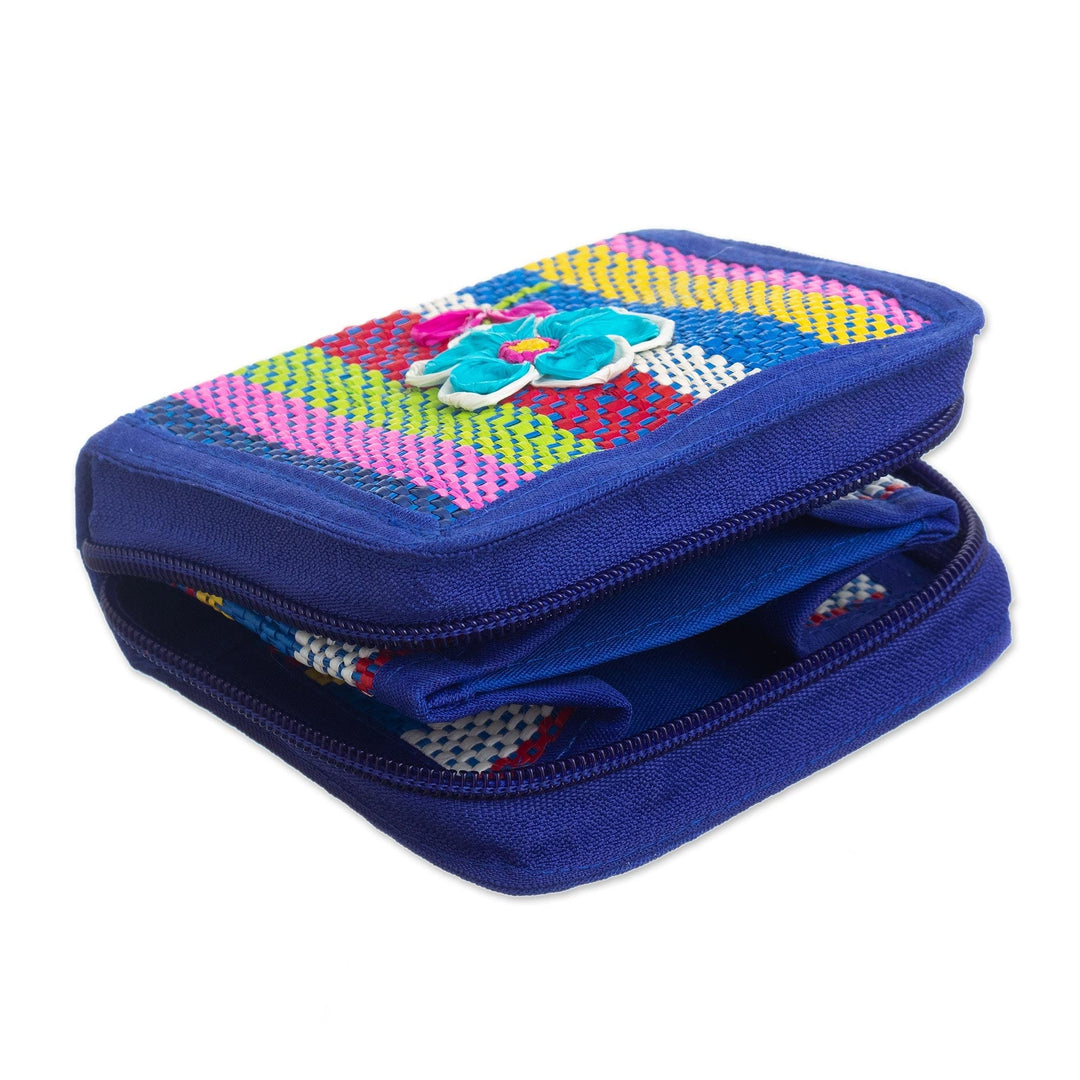 Multicolored Palm Fiber Coin Purse - Northern Flowers in Blue