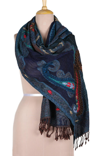 Hand-Embroidered Midnight Blue Wool Shawl - Paisley Dreams