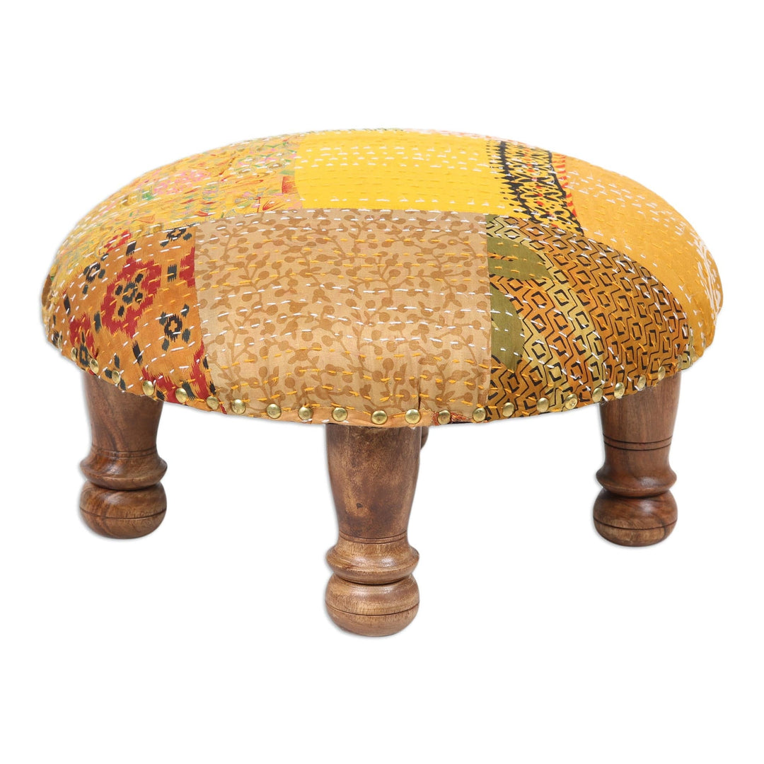 Hand-Embroidered Ottoman Footstool from India - Morning Sunshine