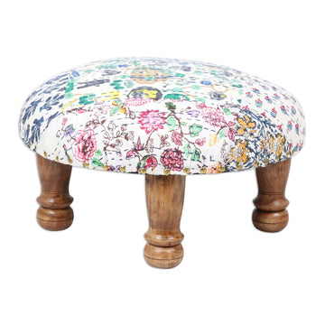 Upholstered Cotton and Wood Footstool - Party Confetti