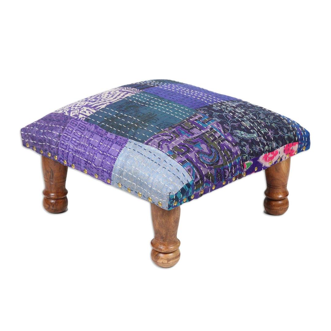 Hand-Embroidered Patchwork Ottoman Footstool - Purple Patches