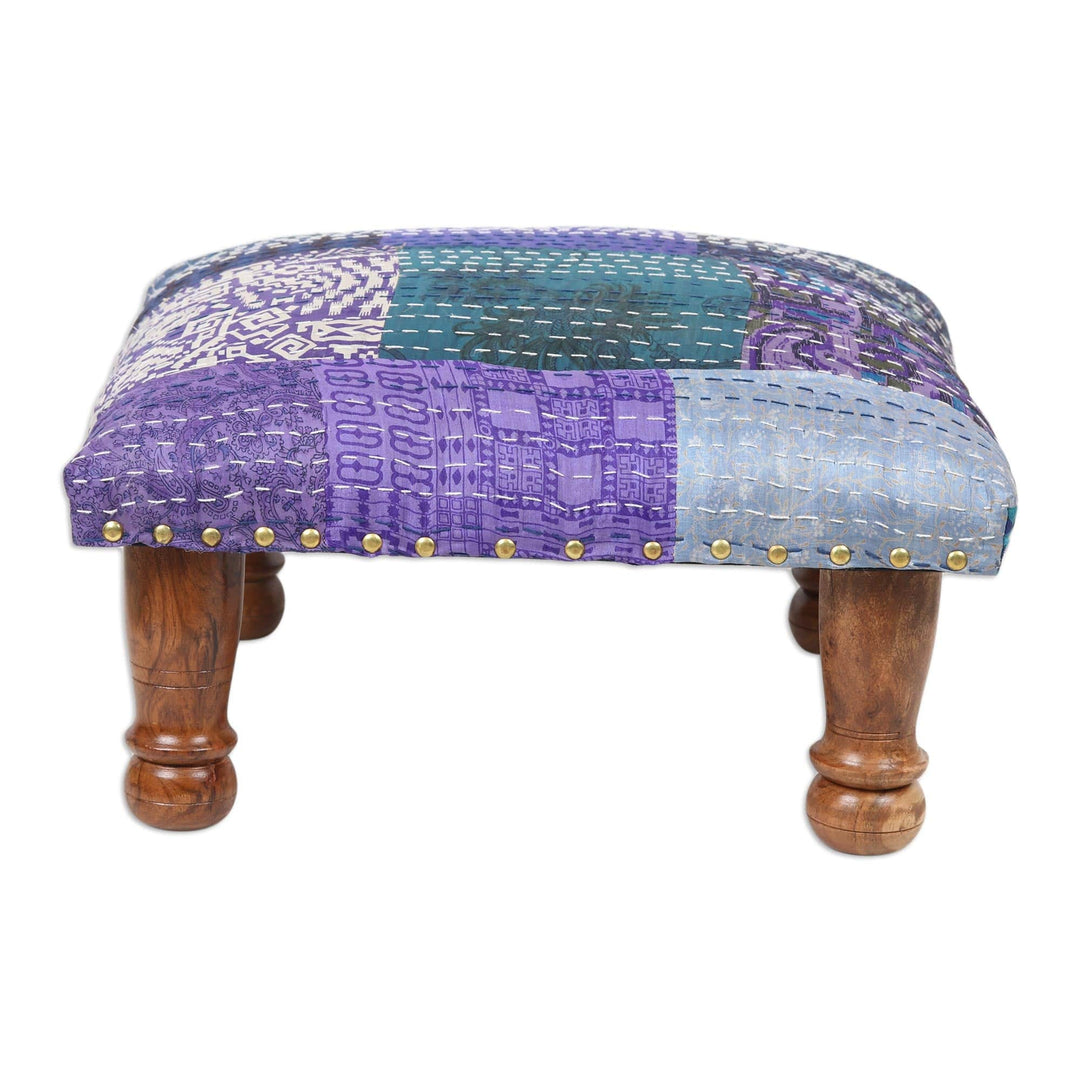 Hand-Embroidered Patchwork Ottoman Footstool - Purple Patches