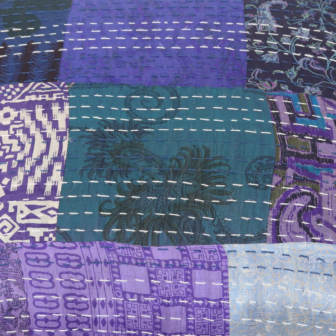 Hand-Embroidered Patchwork Ottoman Footstool - Purple Patches
