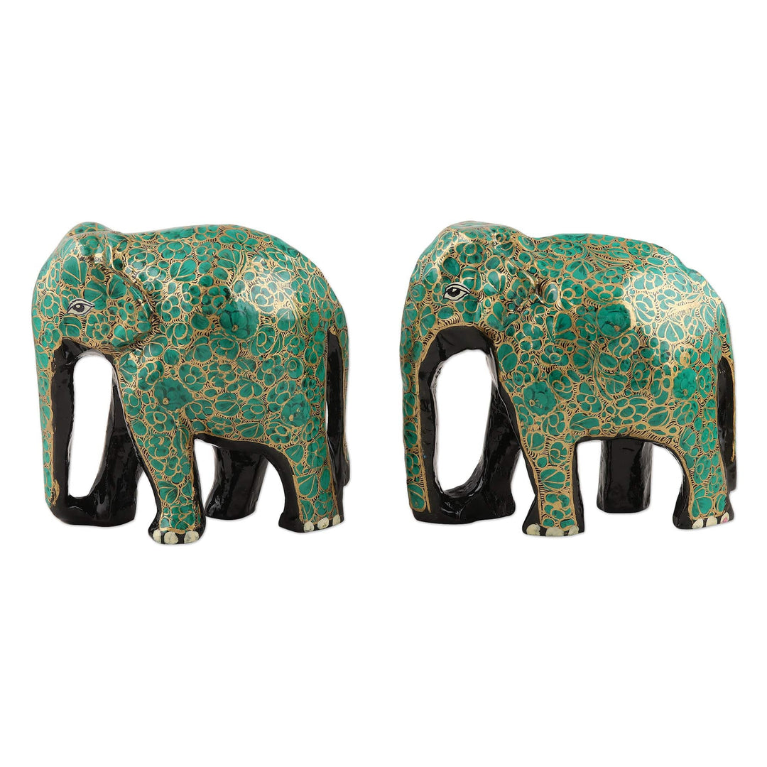 Handcrafted Papier Mache Elephant Statuettes (Pair) - Bond of Friendship in Green