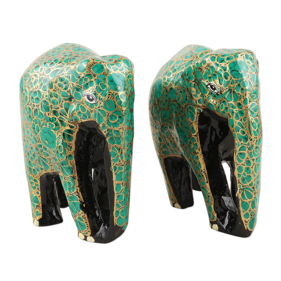 Handcrafted Papier Mache Elephant Statuettes (Pair) - Bond of Friendship in Green