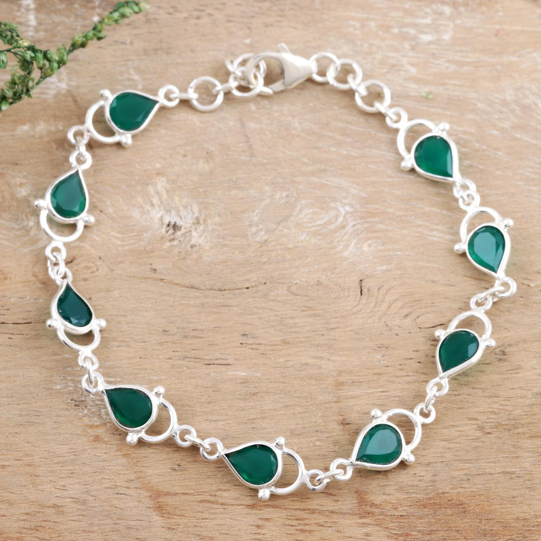 Dark Green Onyx and Sterling Silver Link Bracelet - Gleaming Drops in Forest Green