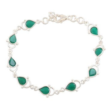 Dark Green Onyx and Sterling Silver Link Bracelet - Gleaming Drops in Forest Green