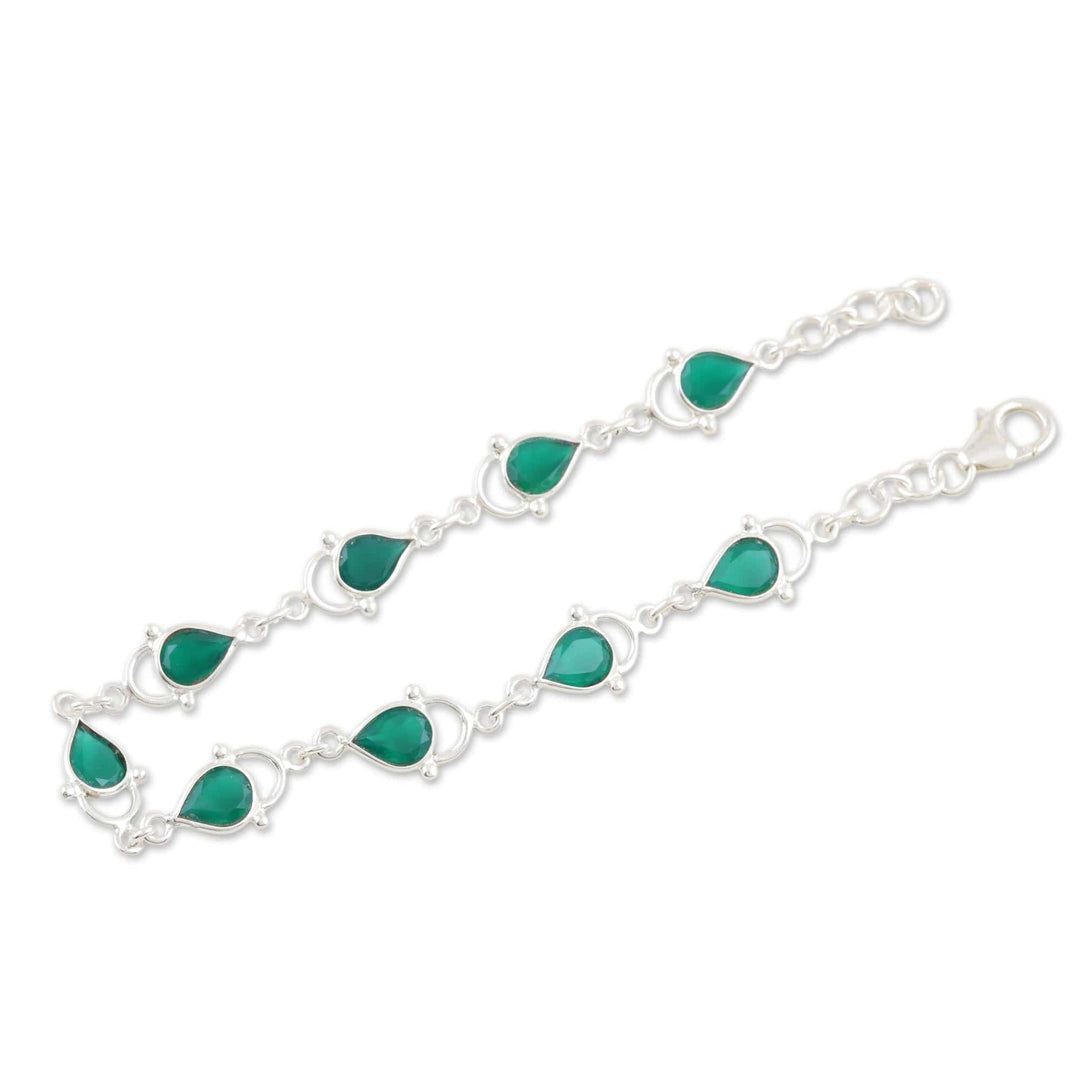 Dark Green Onyx and Sterling Silver Link Bracelet - Gleaming Drops in Forest Green