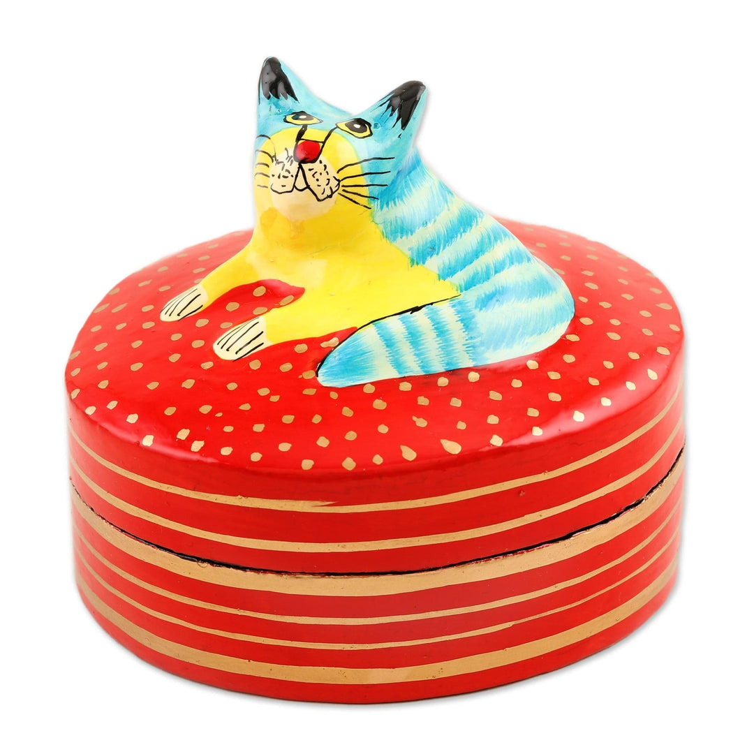 Hand Crafted Decorative Papier Mache Box - Colorful Cat