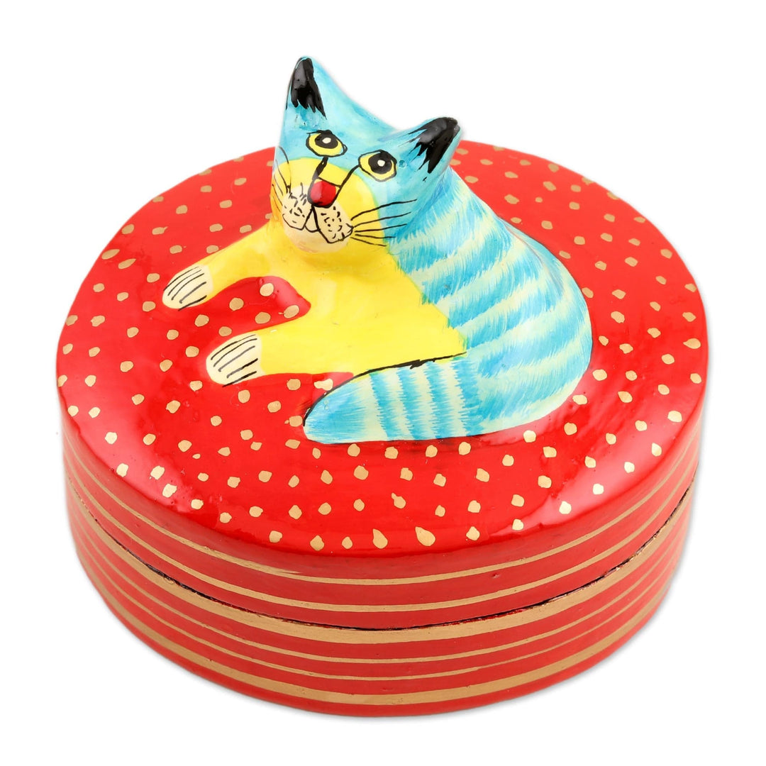 Hand Crafted Decorative Papier Mache Box - Colorful Cat