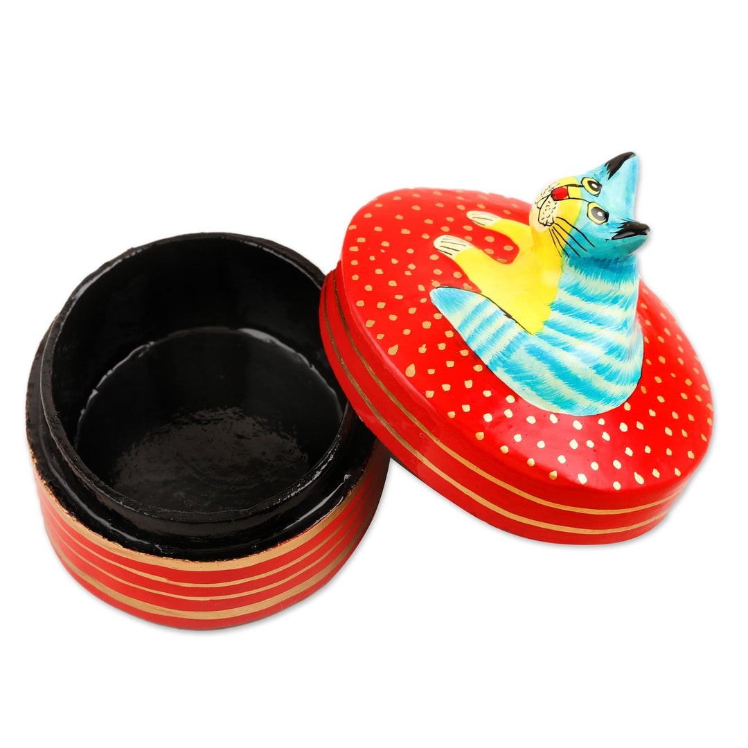 Hand Crafted Decorative Papier Mache Box - Colorful Cat