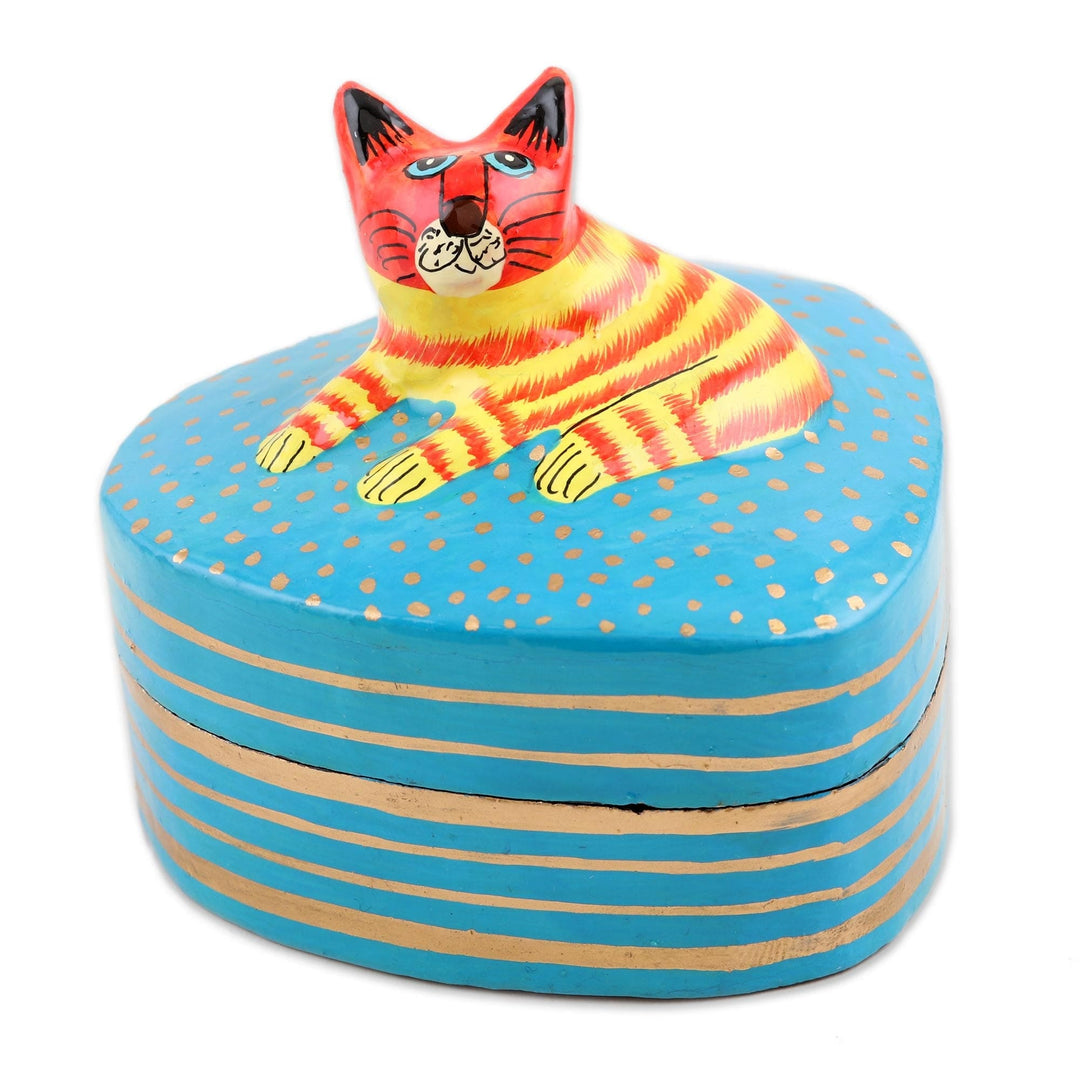 Hand-Painted Papier Mache Box with Cat Motif - Cat Love