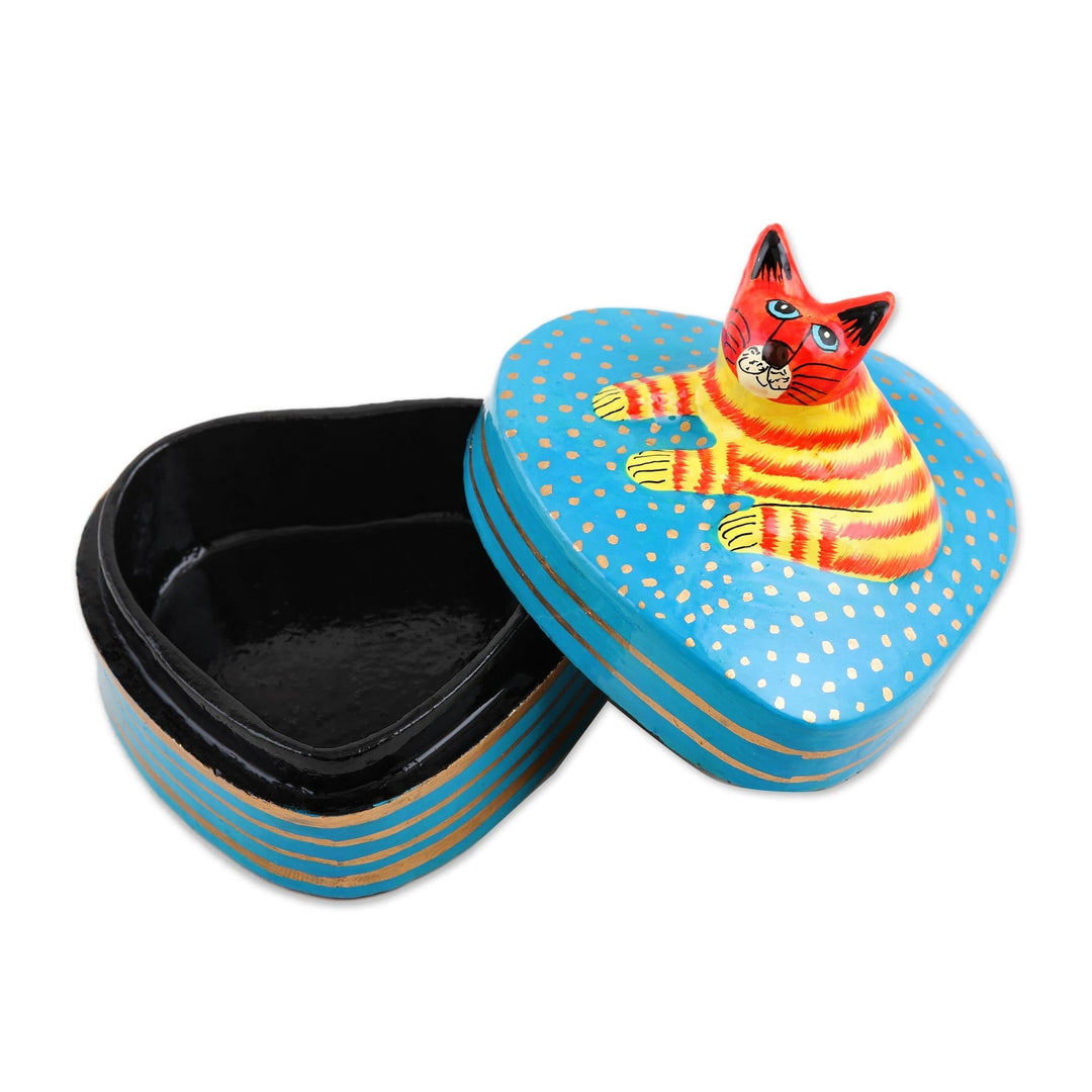 Hand-Painted Papier Mache Box with Cat Motif - Cat Love