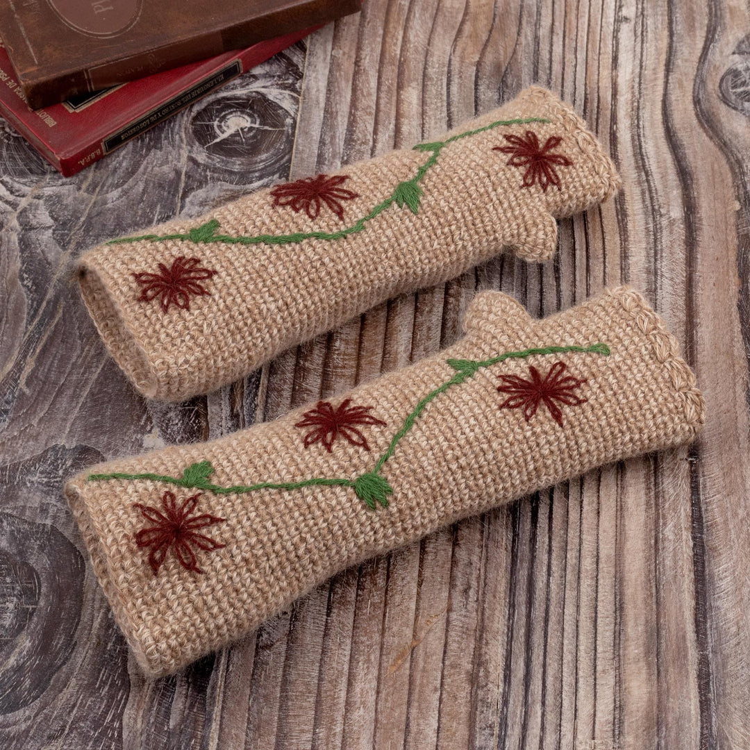 Floral 100% Alpaca Fingerless Mitts from Peru - Winter Garden