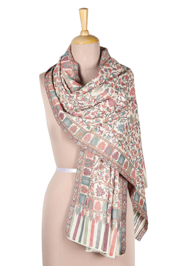 Floral Motif Handwoven Wool Rectangular Kani Shawl - Kashmir Ivory