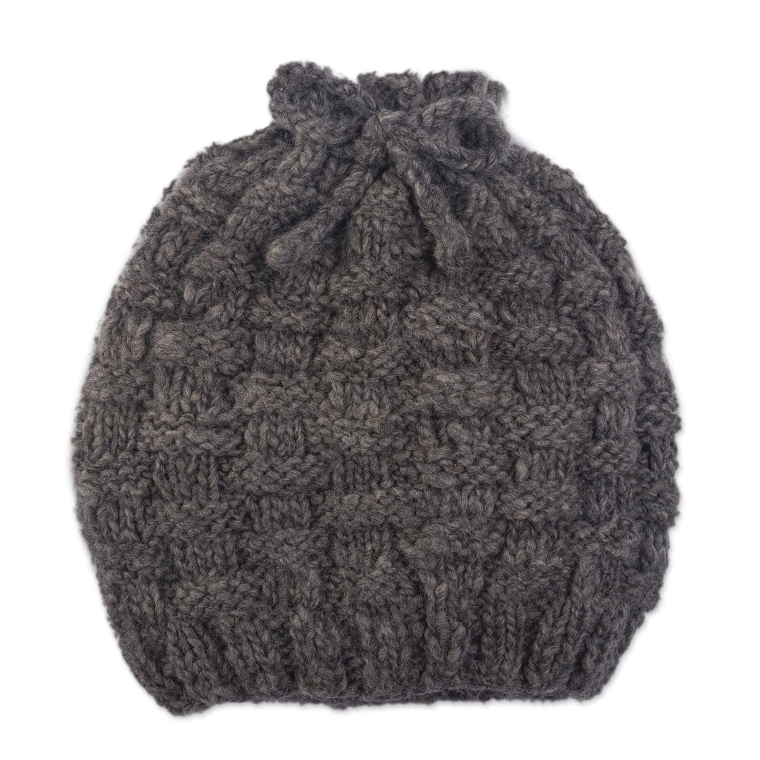 Natural Grey Hand Knit Alpaca Combination Hat and Neck Cover - Checkerboard Warmth