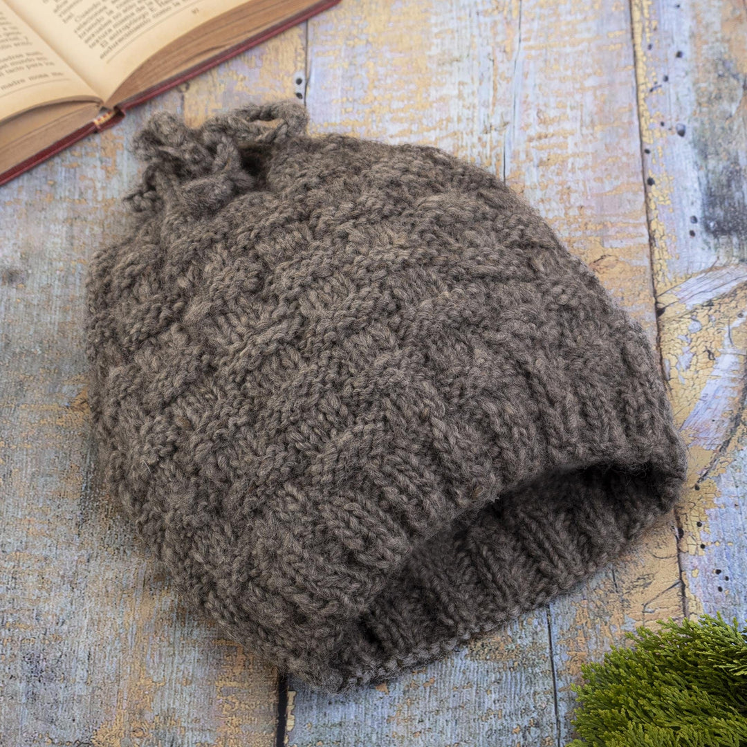 Natural Grey Hand Knit Alpaca Combination Hat and Neck Cover - Checkerboard Warmth