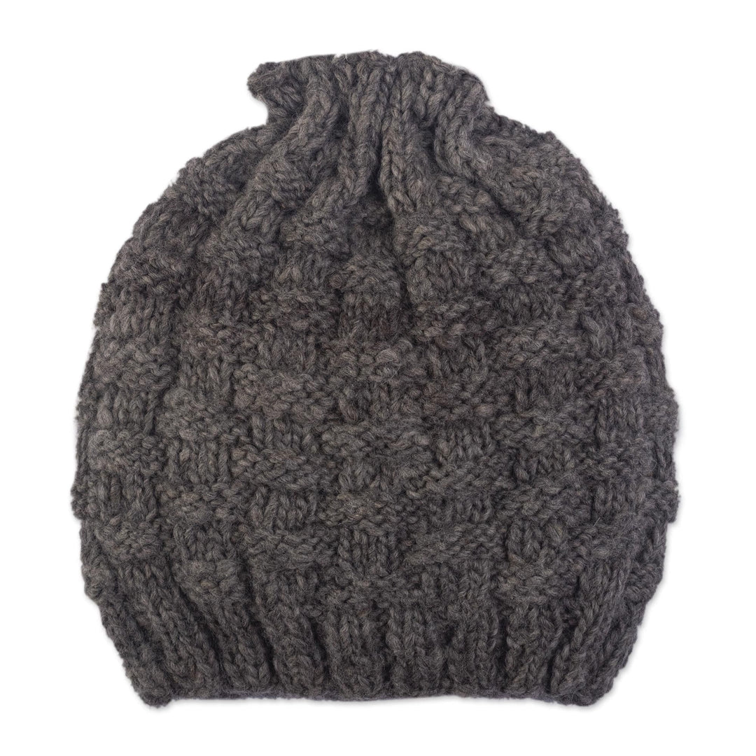 Natural Grey Hand Knit Alpaca Combination Hat and Neck Cover - Checkerboard Warmth