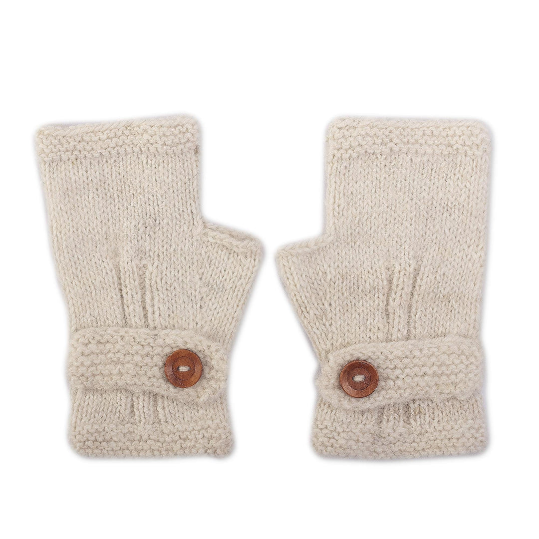 Ivory 100% Undyed Alpaca Fingerless Mitts from Peru - Buttoned Warmth