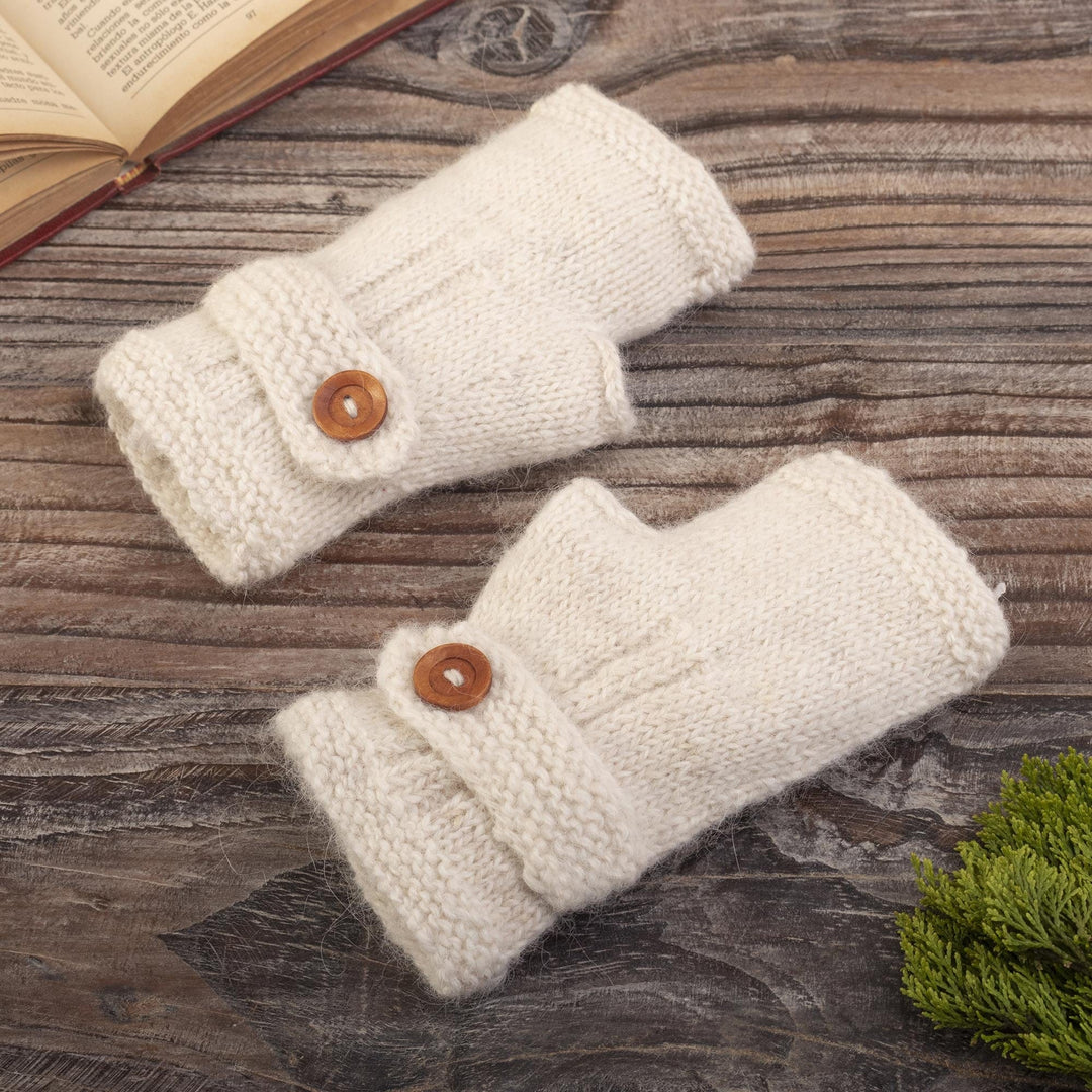 Ivory 100% Undyed Alpaca Fingerless Mitts from Peru - Buttoned Warmth