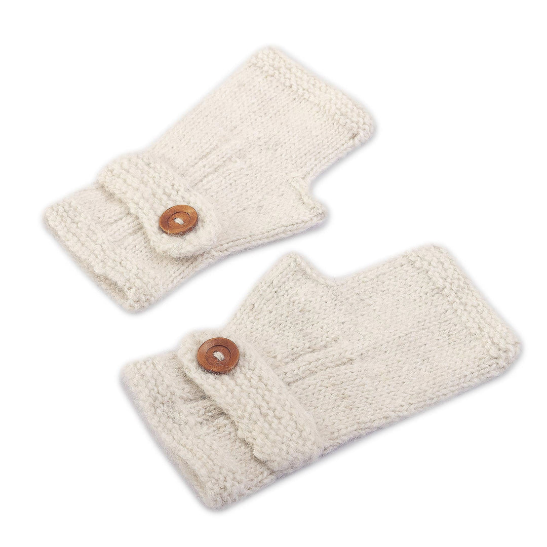 Ivory 100% Undyed Alpaca Fingerless Mitts from Peru - Buttoned Warmth
