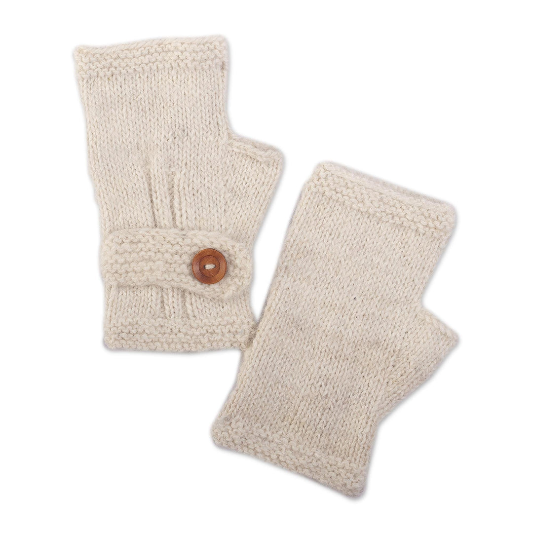 Ivory 100% Undyed Alpaca Fingerless Mitts from Peru - Buttoned Warmth