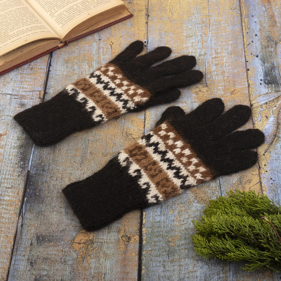 100% Alpaca Hand Knit Gloves With Inca Inspired Pattern - Inca Mountains