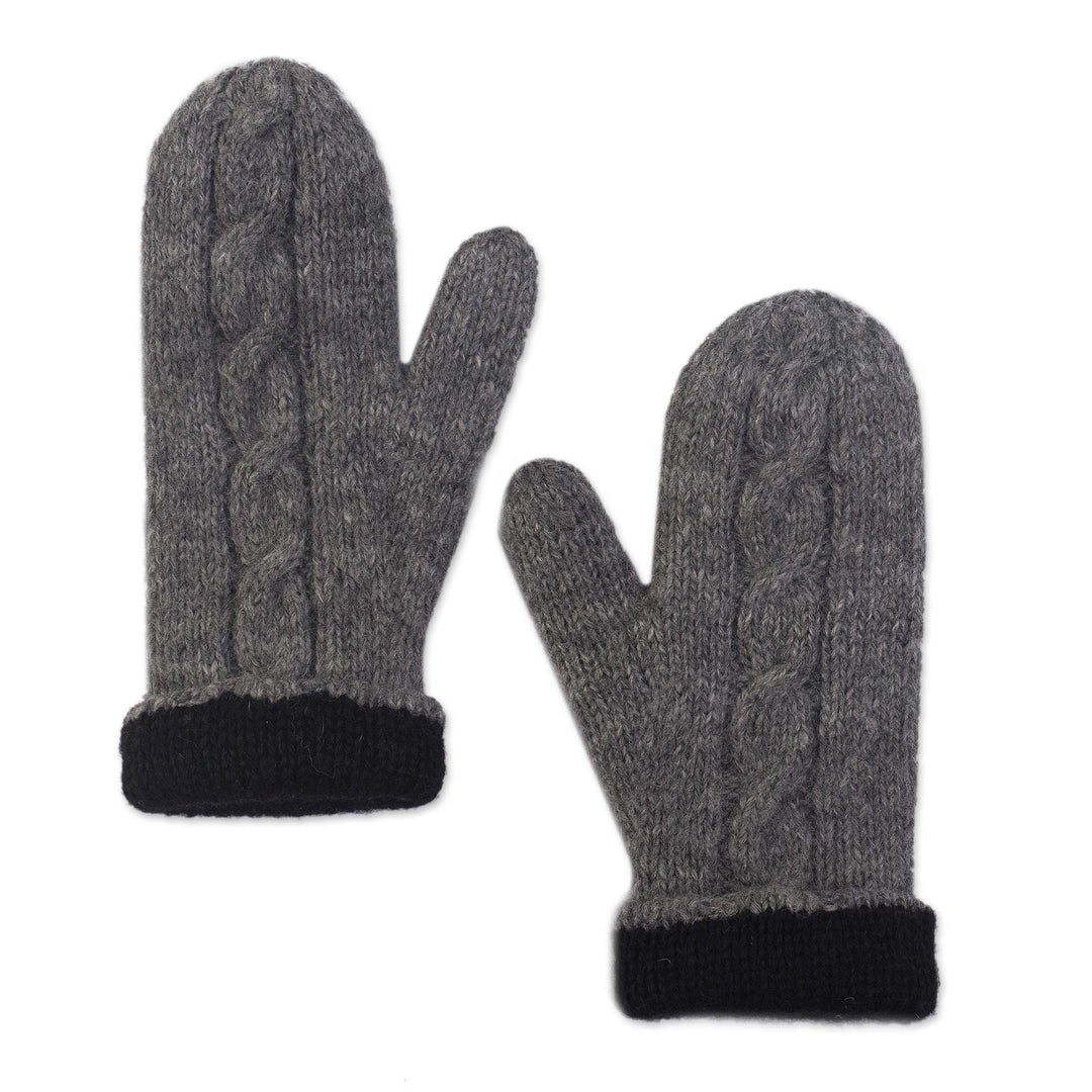 Grey 100% Alpaca Hand Knit Mittens With Cable Knit Design - Andean Hands