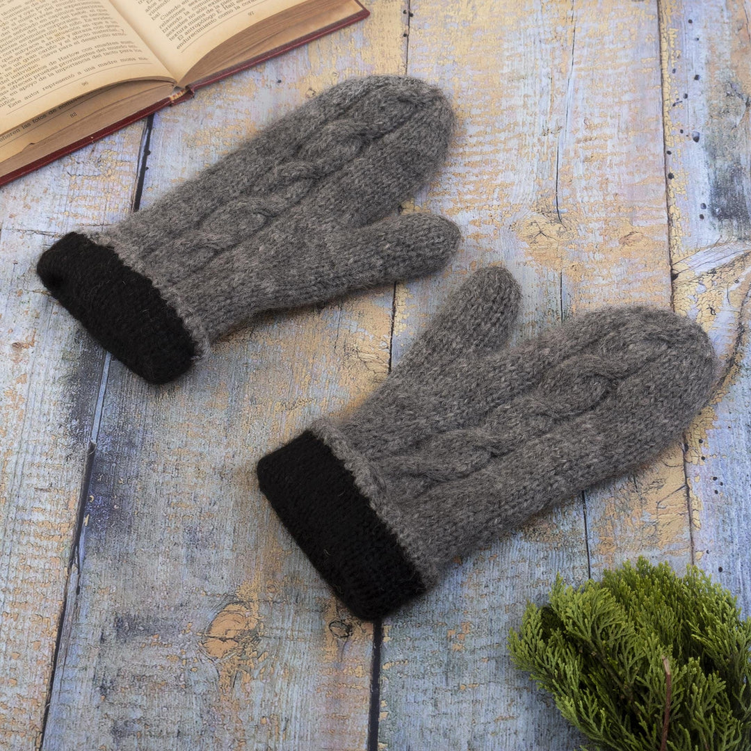 Grey 100% Alpaca Hand Knit Mittens With Cable Knit Design - Andean Hands