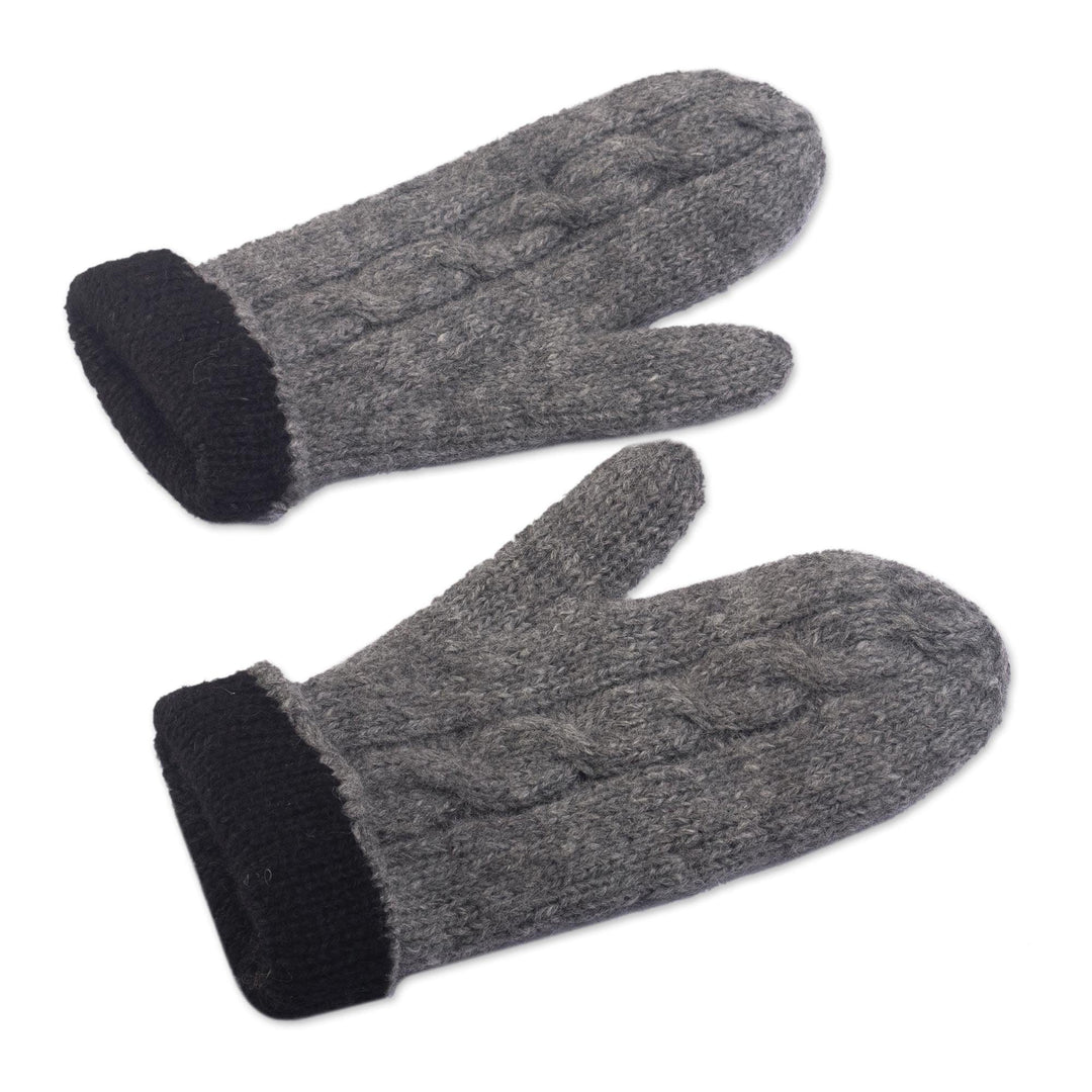 Grey 100% Alpaca Hand Knit Mittens With Cable Knit Design - Andean Hands