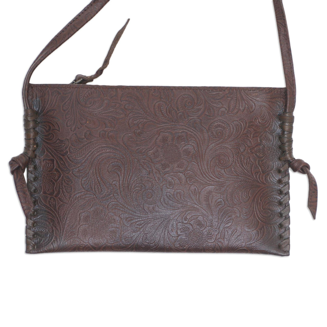 Engraved Leather Sling Bag from Bali - Subtle Signs in Brown