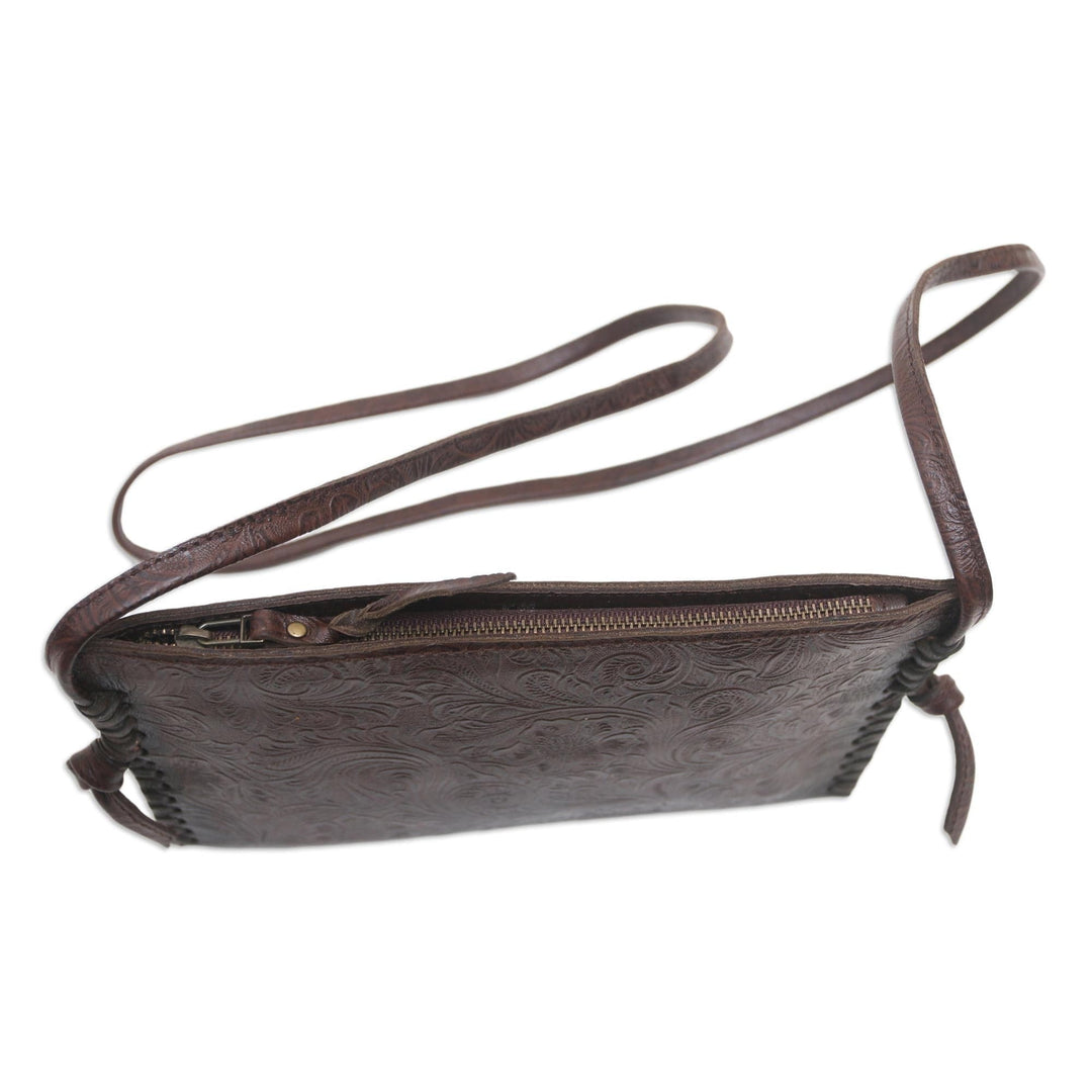 Engraved Leather Sling Bag from Bali - Subtle Signs in Brown