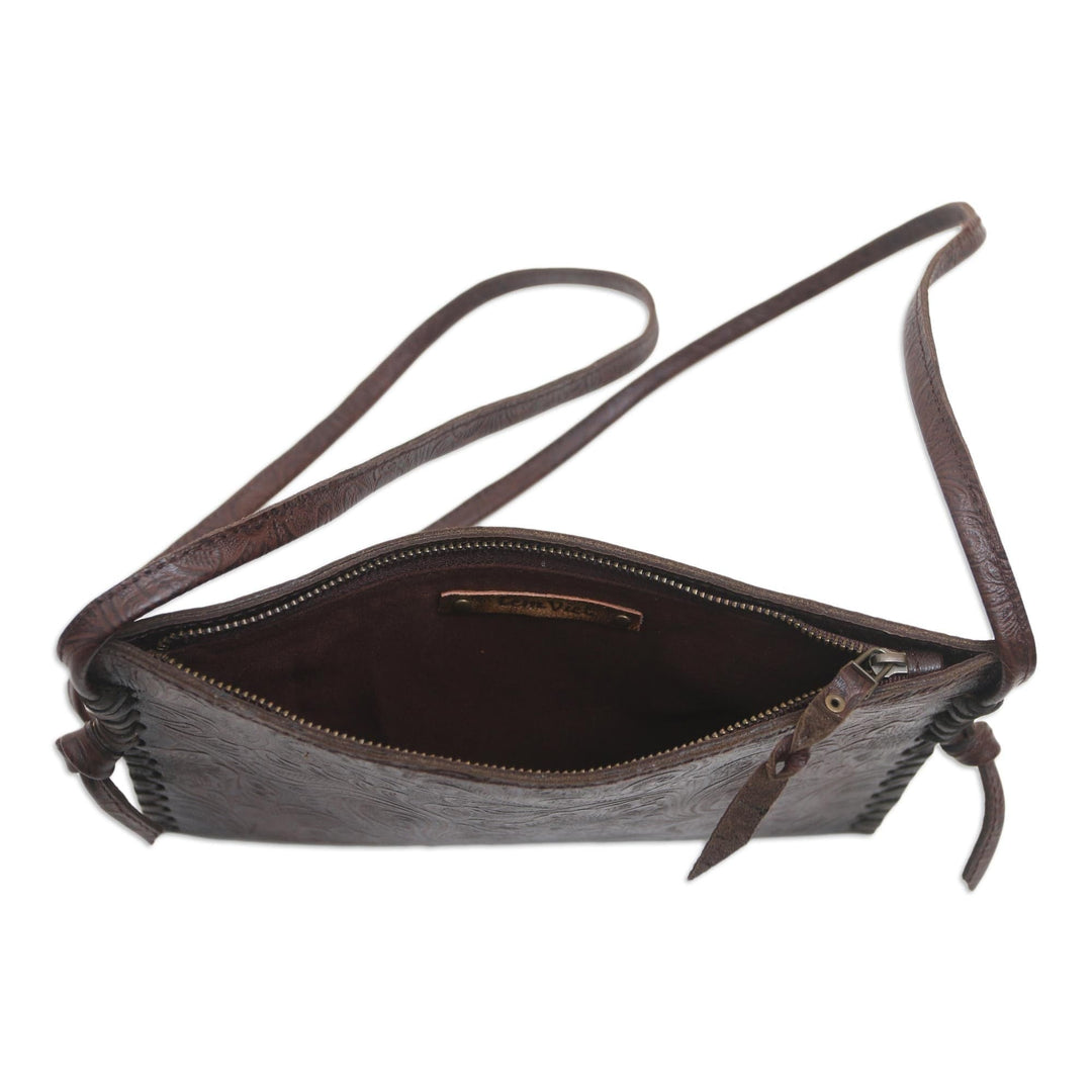 Engraved Leather Sling Bag from Bali - Subtle Signs in Brown