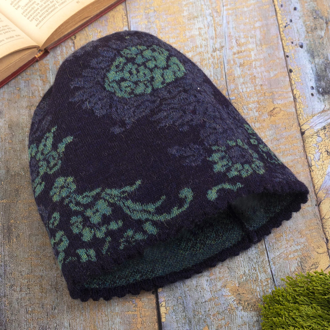 Floral 100% Alpaca Hat in Blue - Blue Dream Garden