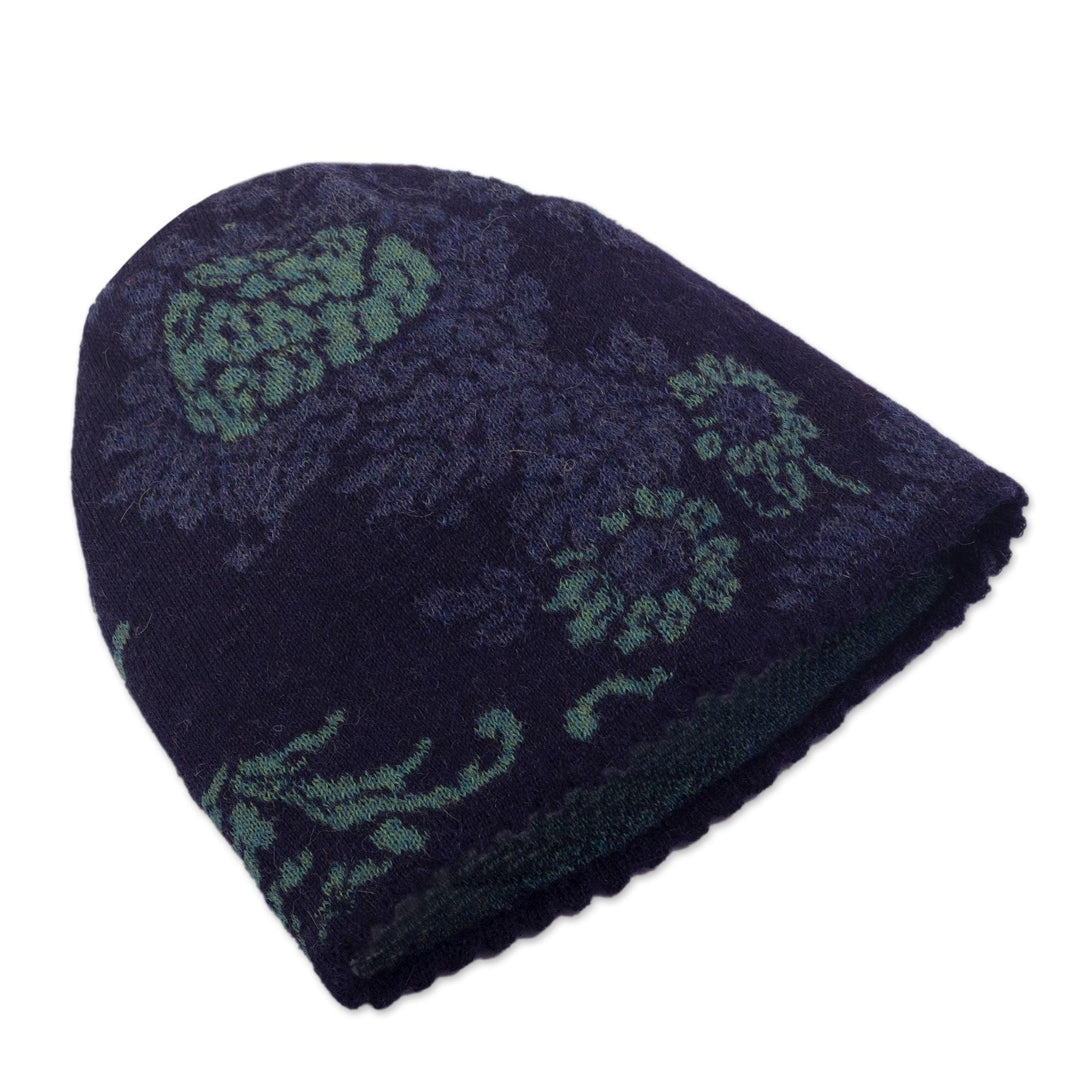 Floral 100% Alpaca Hat in Blue - Blue Dream Garden