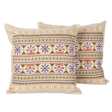 Embroidered Cotton Cushion Covers from India (Set of 2) - Merry Meeting
